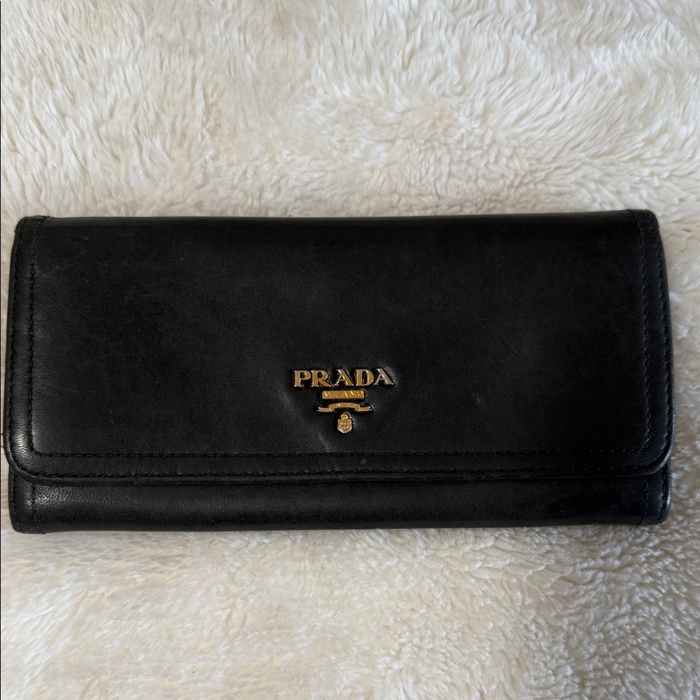 Prada Black Leather wallet with Gold Logo